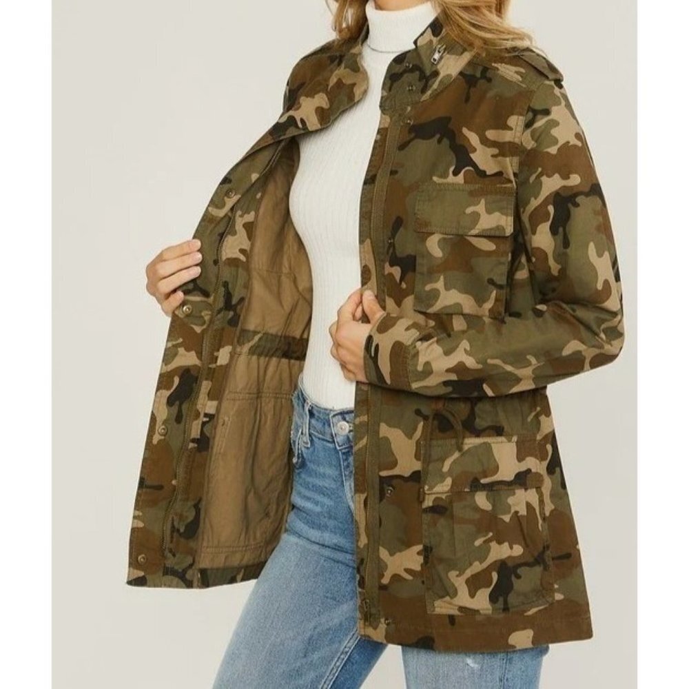 Camouflage Jacket Womens M Brown Tone Utility Army Zip Up Snap Buttons